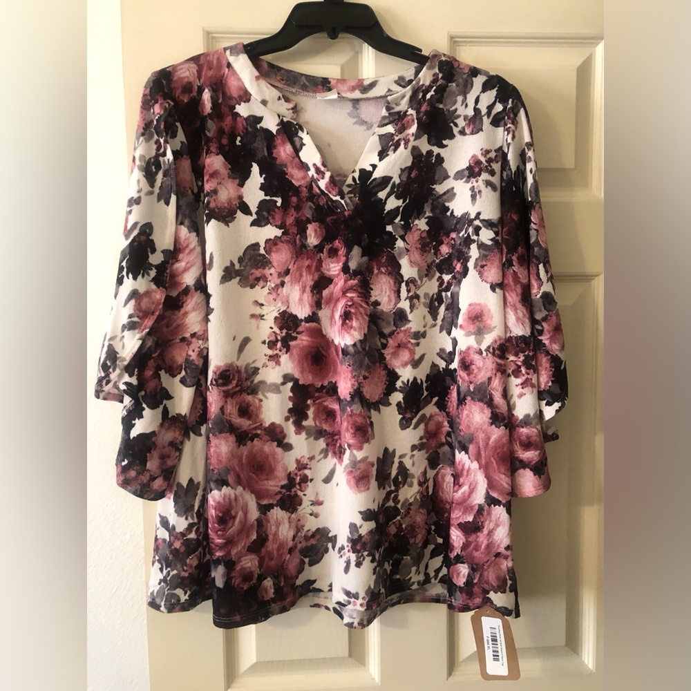 Floral V-Neck Women's Blouse - Pink/Black